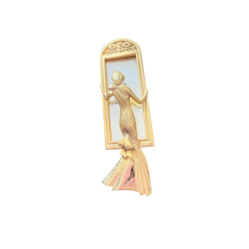 Vintage Gold-Tone Lady Figurine Brooch With Mirror By Cazic